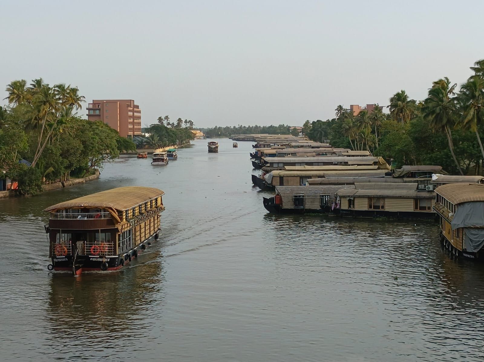Row of Alleppey houseboats moored along Punnamada Lake