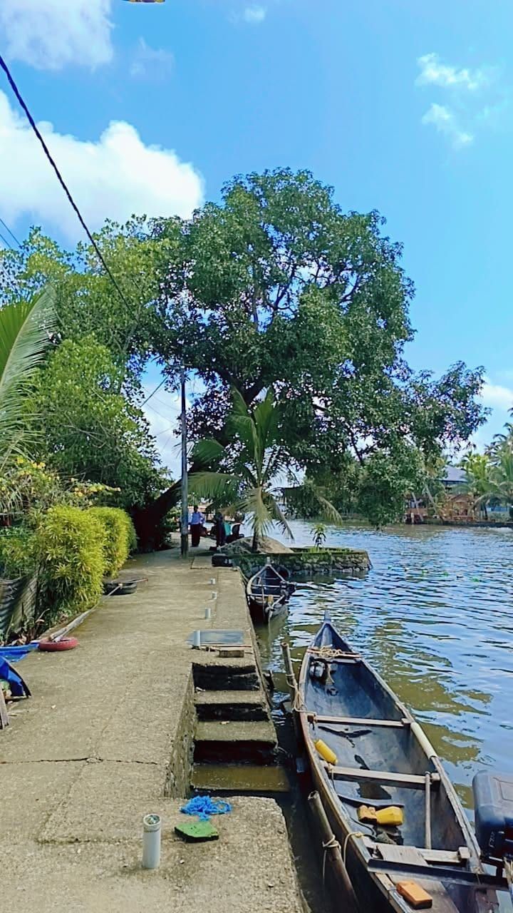 Country boat tied up beside a village footpath on a Kuttanad canal